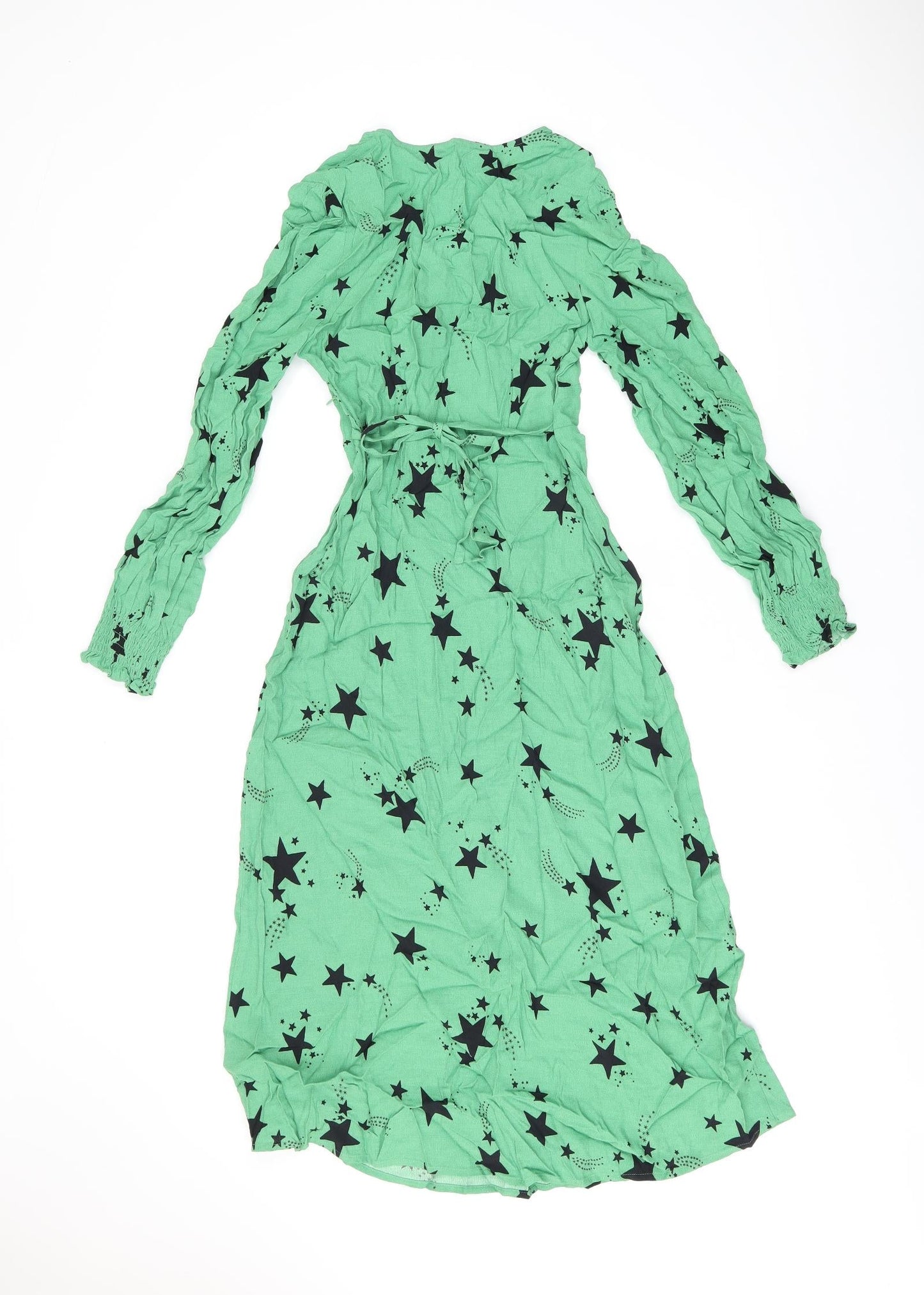 Marks and Spencer Womens Green Geometric Viscose A-Line Size 6 V-Neck Zip - Star Print