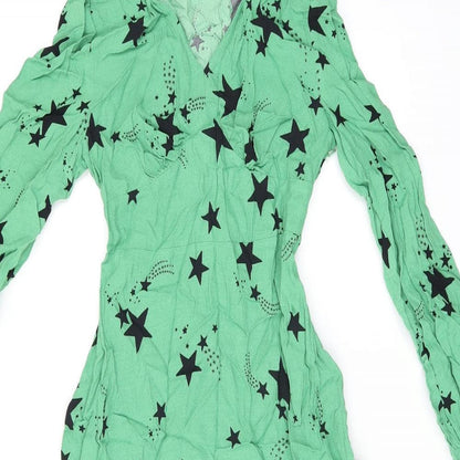 Marks and Spencer Womens Green Geometric Viscose A-Line Size 6 V-Neck Zip - Star Print