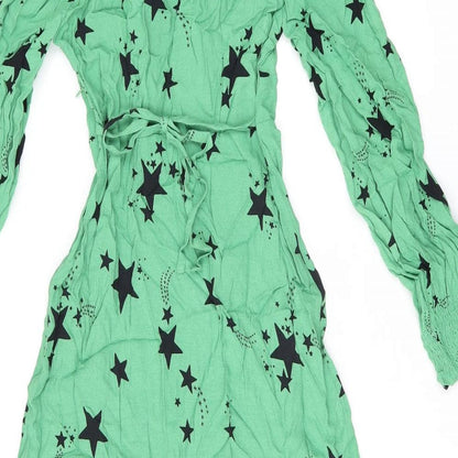 Marks and Spencer Womens Green Geometric Viscose A-Line Size 6 V-Neck Zip - Star Print