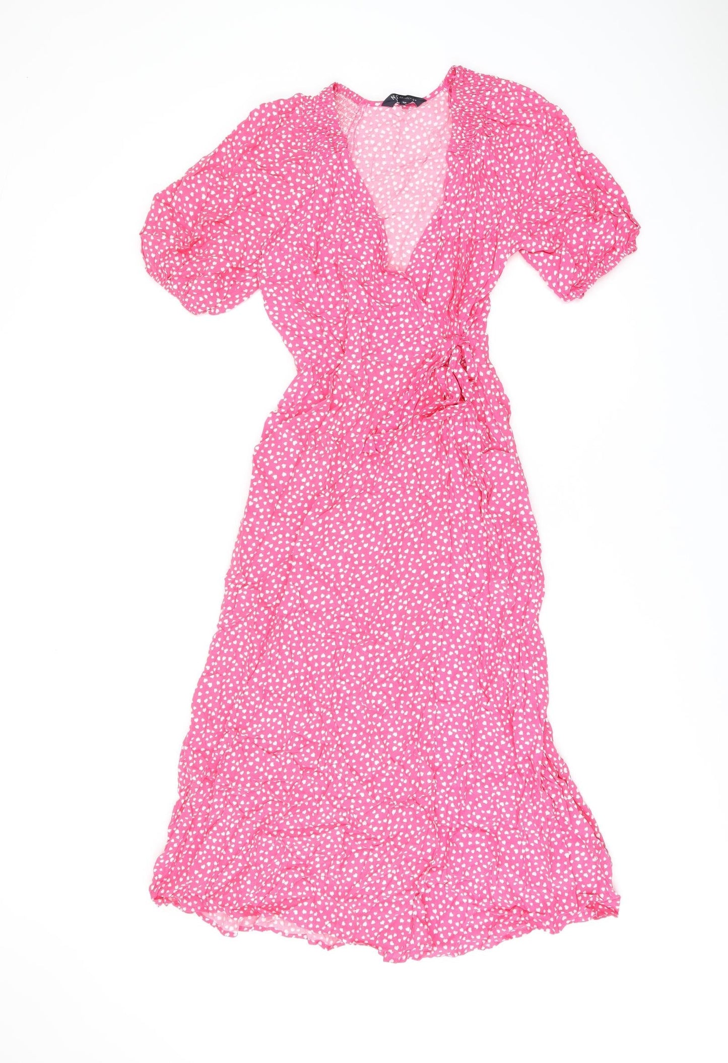 Marks and Spencer Womens Pink Geometric Viscose Wrap Dress Size 6 V-Neck Tie