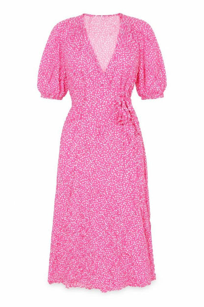 Marks and Spencer Womens Pink Geometric Viscose Wrap Dress Size 6 V-Neck Tie