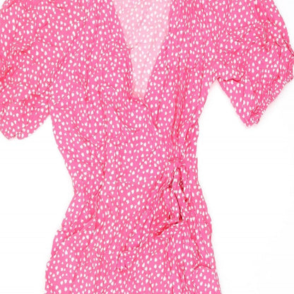 Marks and Spencer Womens Pink Geometric Viscose Wrap Dress Size 6 V-Neck Tie