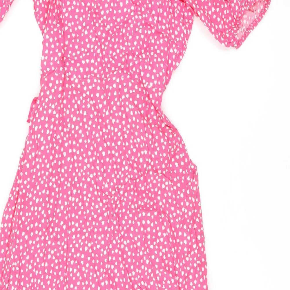 Marks and Spencer Womens Pink Geometric Viscose Wrap Dress Size 6 V-Neck Tie