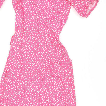Marks and Spencer Womens Pink Geometric Viscose Wrap Dress Size 6 V-Neck Tie
