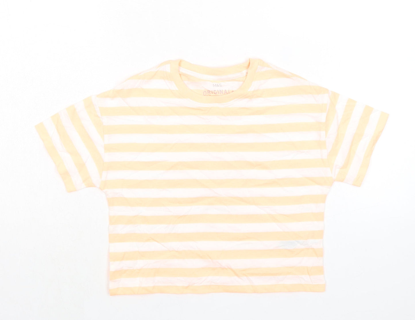 Marks and Spencer Girls Orange Striped Cotton Basic T-Shirt Size 7-8 Years Round Neck Pullover