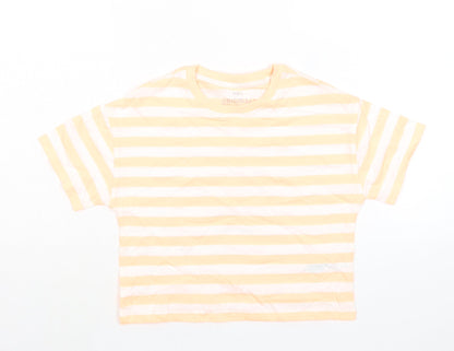 Marks and Spencer Girls Orange Striped Cotton Basic T-Shirt Size 7-8 Years Round Neck Pullover
