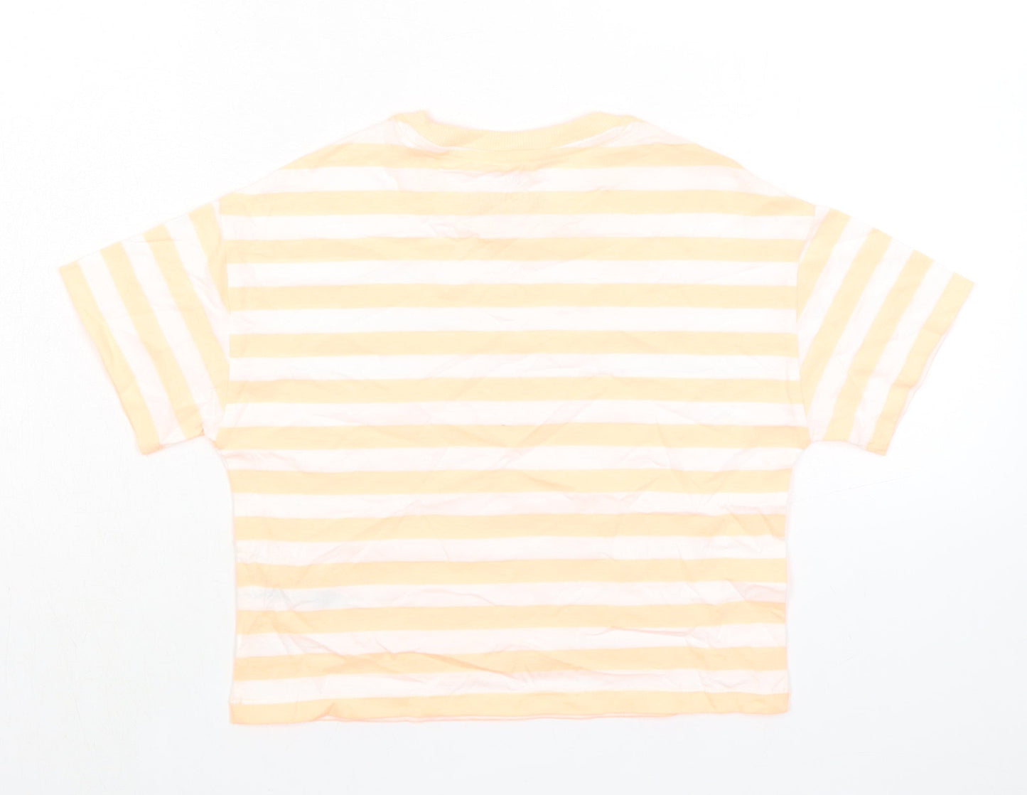 Marks and Spencer Girls Orange Striped Cotton Basic T-Shirt Size 7-8 Years Round Neck Pullover