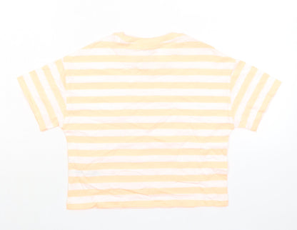 Marks and Spencer Girls Orange Striped Cotton Basic T-Shirt Size 7-8 Years Round Neck Pullover
