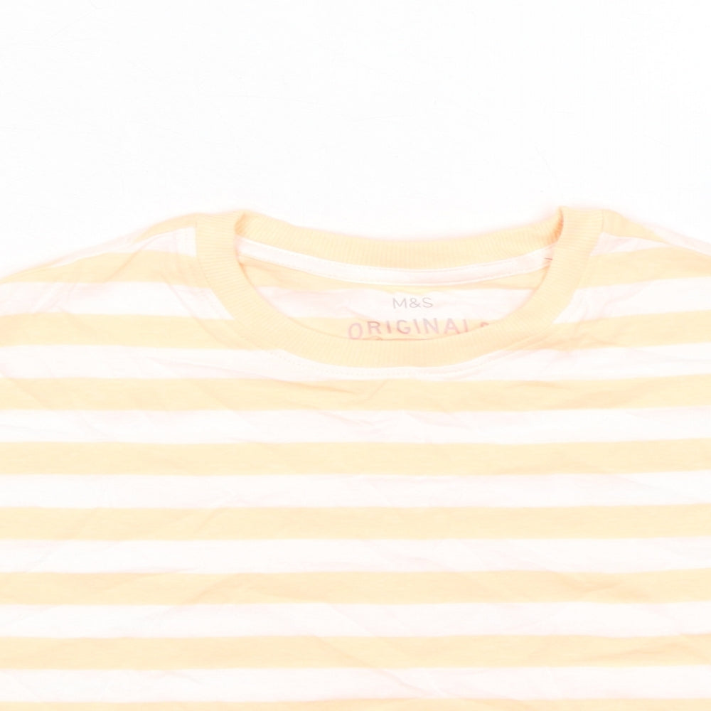 Marks and Spencer Girls Orange Striped Cotton Basic T-Shirt Size 7-8 Years Round Neck Pullover