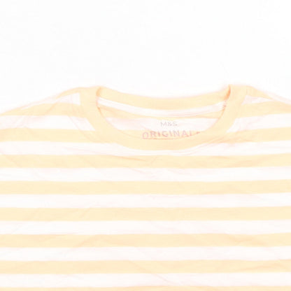 Marks and Spencer Girls Orange Striped Cotton Basic T-Shirt Size 7-8 Years Round Neck Pullover