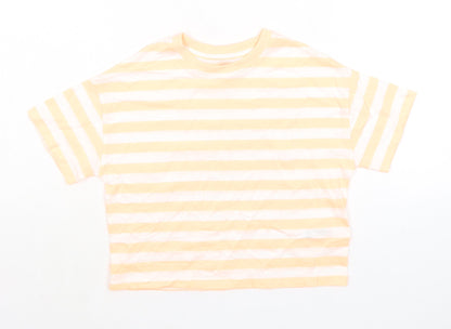 Marks and Spencer Boys Orange Striped Cotton Basic T-Shirt Size 7-8 Years Round Neck Pullover