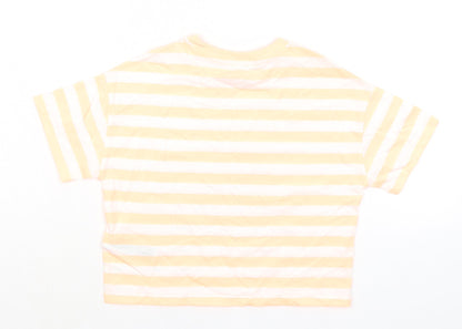 Marks and Spencer Boys Orange Striped Cotton Basic T-Shirt Size 7-8 Years Round Neck Pullover