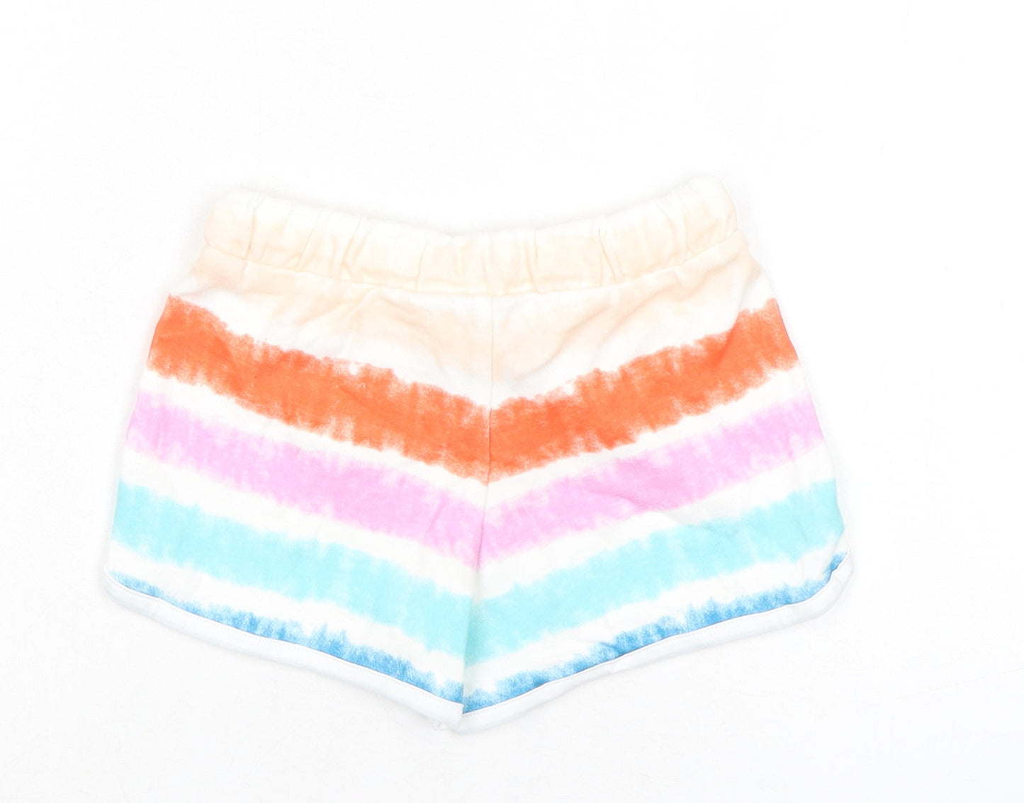 Marks and Spencer Girls Multicoloured Striped 100% Cotton Sweat Shorts Size 3-4 Years Regular Drawstring - Tie Dye, Waist 18in Inside Leg 2in
