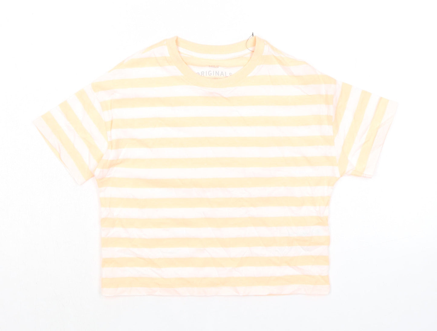 Marks and Spencer Girls Orange Striped Cotton Basic T-Shirt Size 7-8 Years Round Neck Pullover