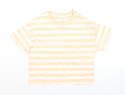 Marks and Spencer Girls Orange Striped Cotton Basic T-Shirt Size 7-8 Years Round Neck Pullover