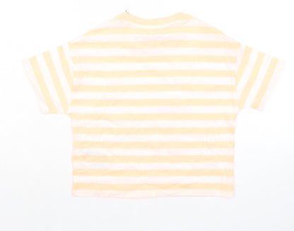Marks and Spencer Girls Orange Striped Cotton Basic T-Shirt Size 7-8 Years Round Neck Pullover