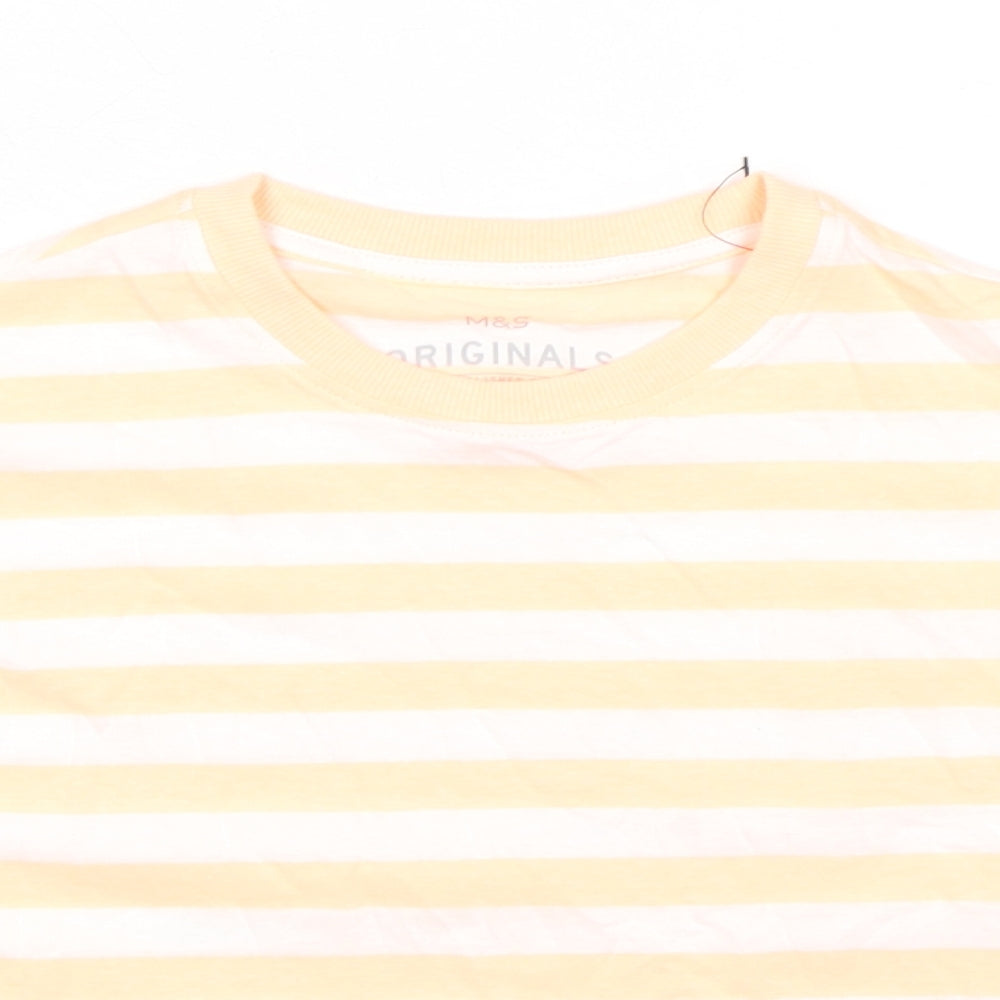 Marks and Spencer Girls Orange Striped Cotton Basic T-Shirt Size 7-8 Years Round Neck Pullover