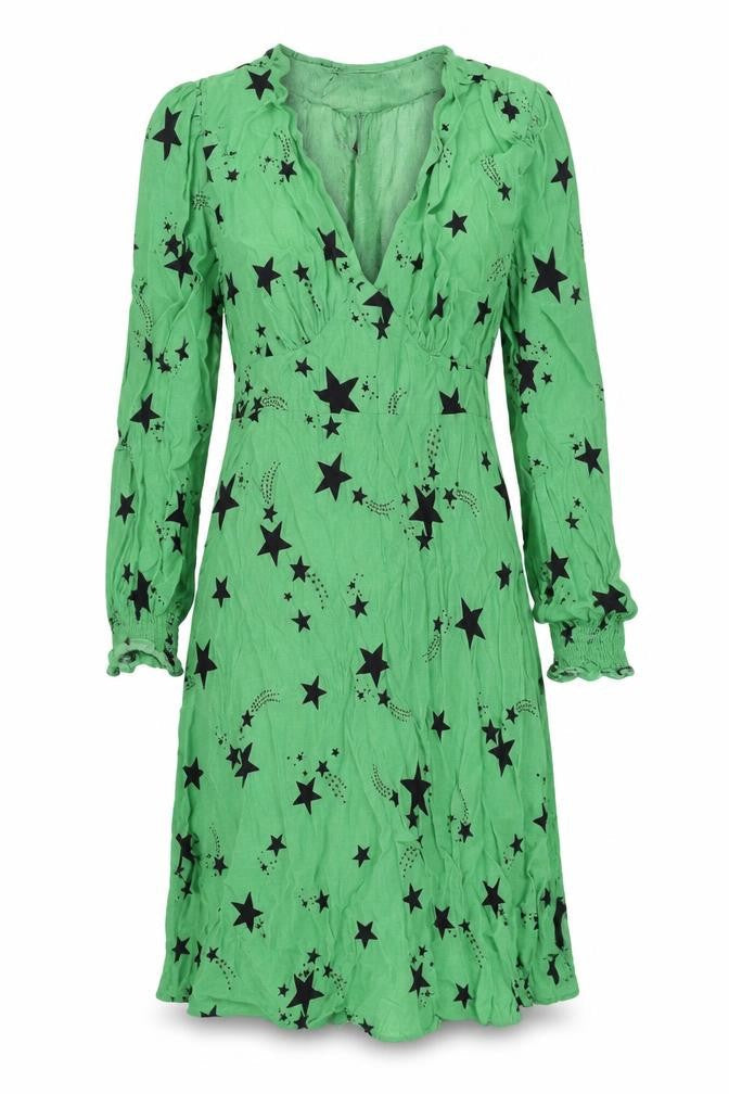 Marks and Spencer Womens Green Geometric Viscose A-Line Size 10 V-Neck Zip - Star Print