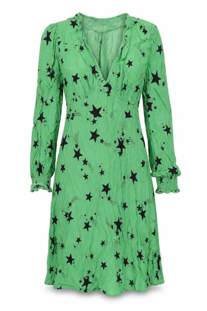 Marks and Spencer Womens Green Geometric Viscose A-Line Size 10 V-Neck Zip - Star Print