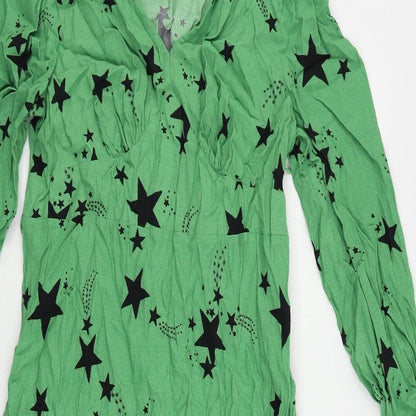 Marks and Spencer Womens Green Geometric Viscose A-Line Size 10 V-Neck Zip - Star Print