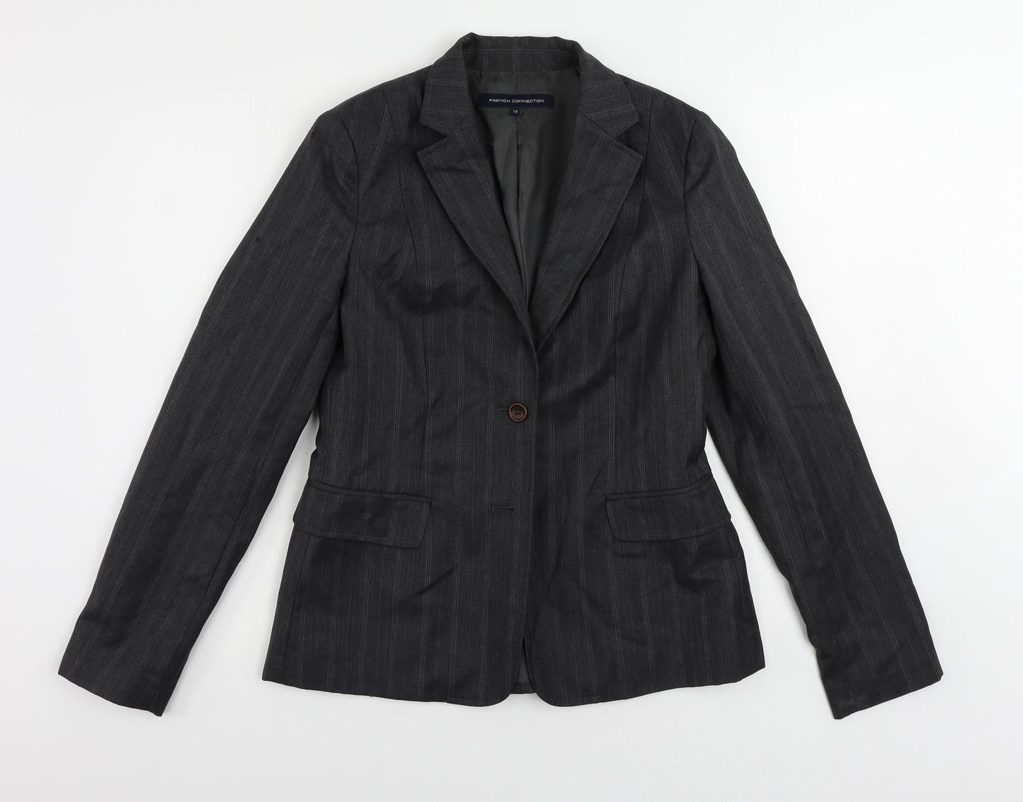 French Connection Womens Grey Striped Jacket Blazer Size 12 Button