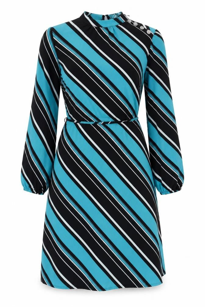 Marks and Spencer Womens Blue Striped Polyester A-Line Size 10 Mock Neck Button