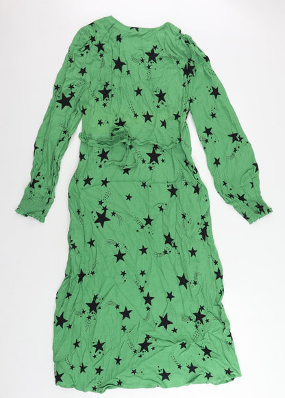 Marks and Spencer Womens Green Geometric Viscose A-Line Size 10 V-Neck Zip - Star Print