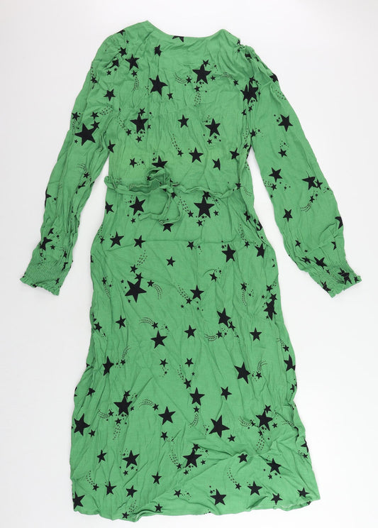Marks and Spencer Womens Green Geometric Viscose A-Line Size 10 V-Neck Zip - Star Print