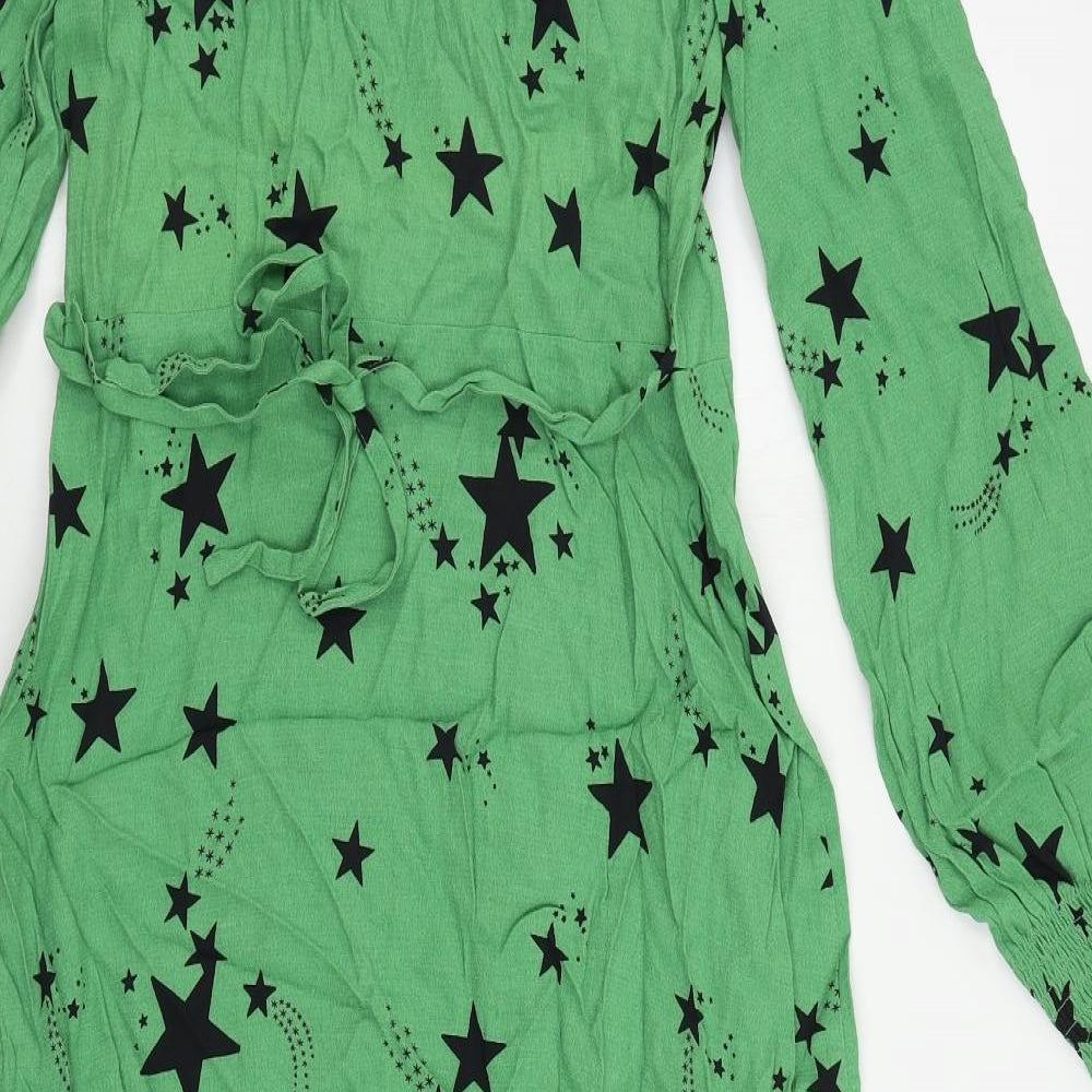 Marks and Spencer Womens Green Geometric Viscose A-Line Size 10 V-Neck Zip - Star Print