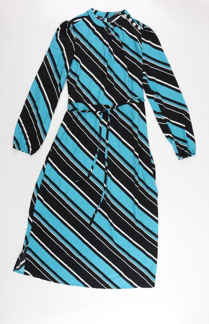 Marks and Spencer Womens Blue Striped Polyester A-Line Size 10 Mock Neck Button