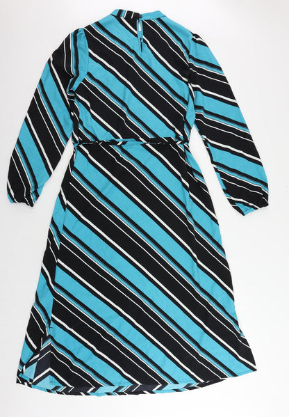Marks and Spencer Womens Blue Striped Polyester A-Line Size 10 Mock Neck Button