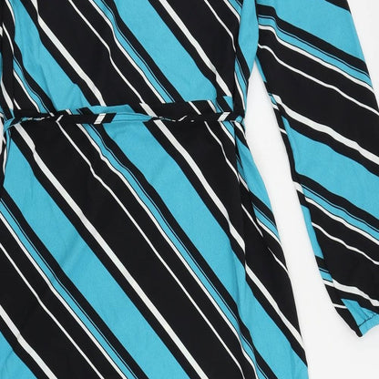 Marks and Spencer Womens Blue Striped Polyester A-Line Size 10 Mock Neck Button