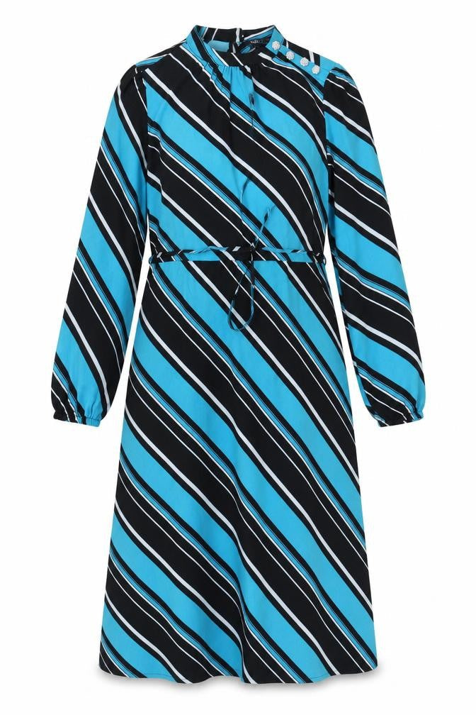 Marks and Spencer Womens Blue Striped Polyester A-Line Size 10 Mock Neck Button