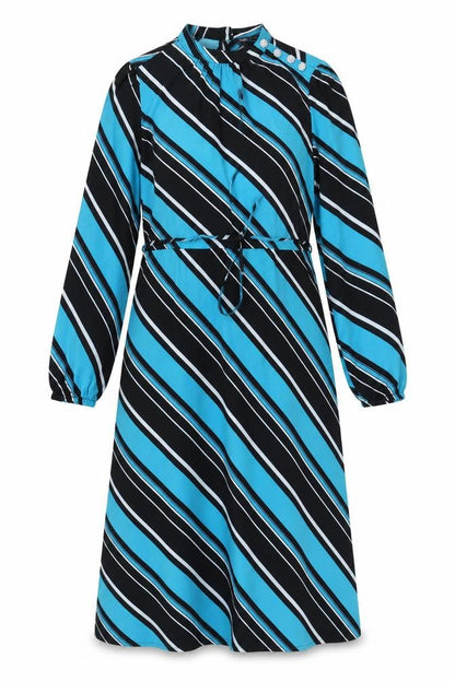 Marks and Spencer Womens Blue Striped Polyester A-Line Size 10 Mock Neck Button