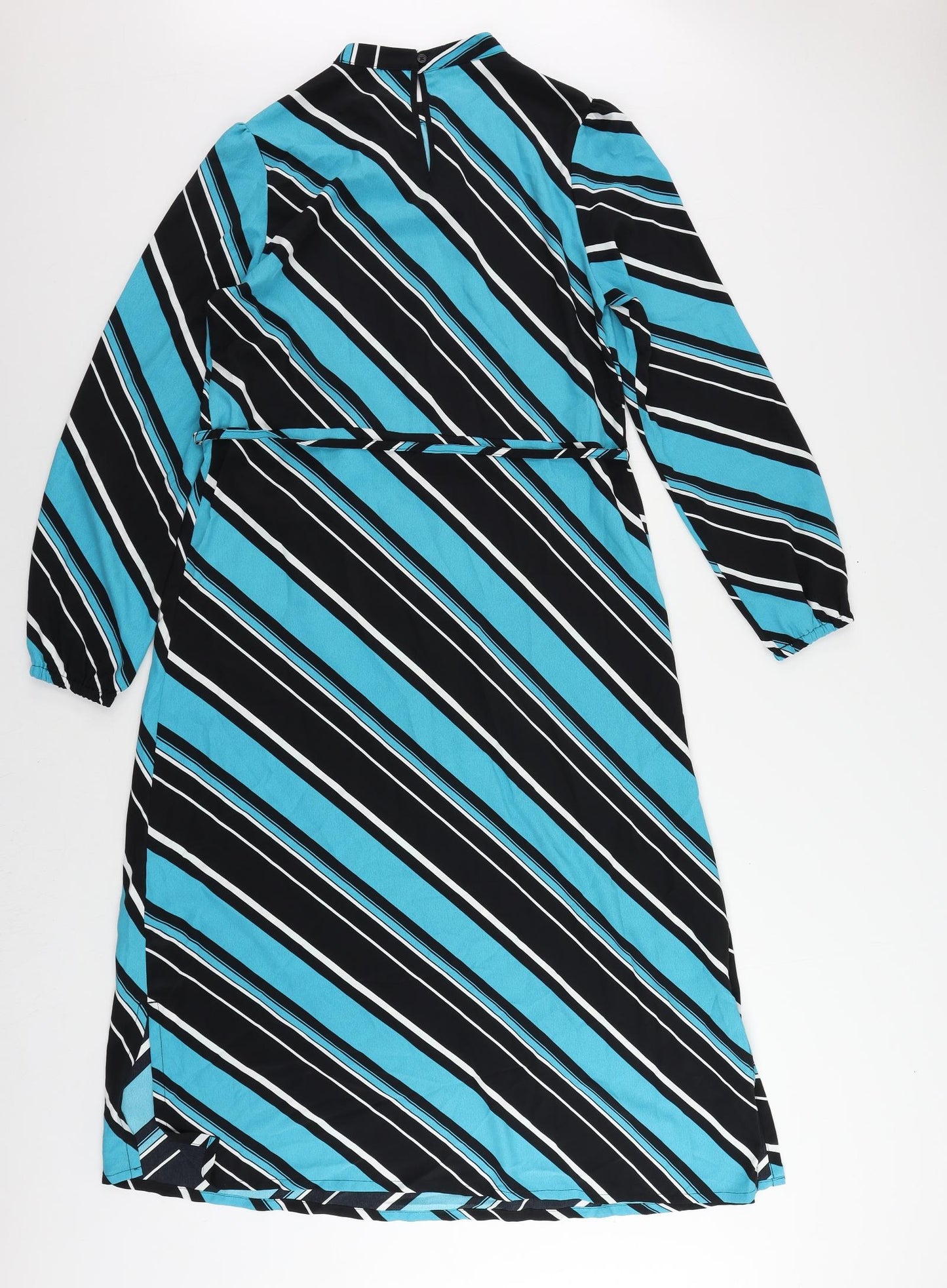 Marks and Spencer Womens Blue Striped Polyester A-Line Size 10 Mock Neck Button