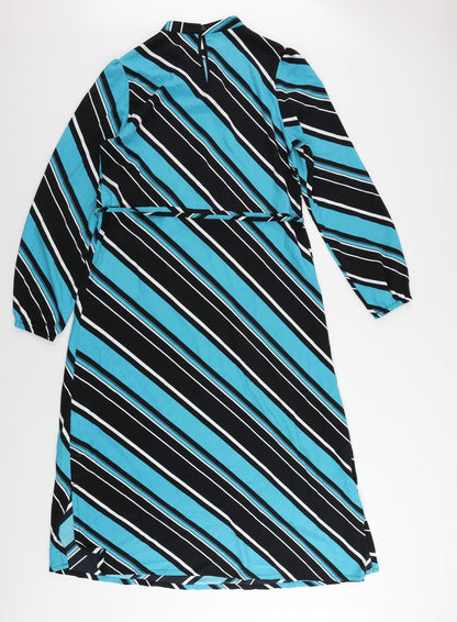 Marks and Spencer Womens Blue Striped Polyester A-Line Size 10 Mock Neck Button