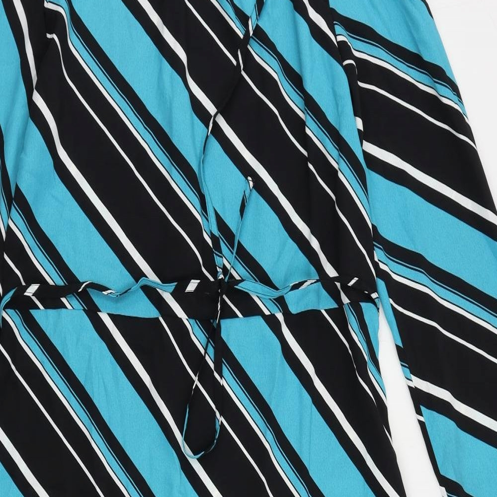 Marks and Spencer Womens Blue Striped Polyester A-Line Size 10 Mock Neck Button