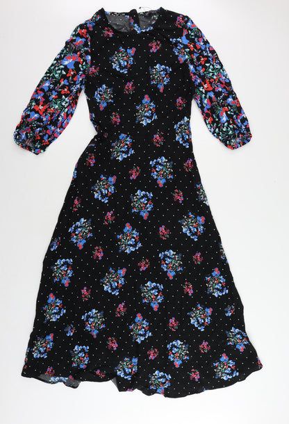 Marks and Spencer Womens Black Floral Viscose Maxi Size 8 Round Neck Zip