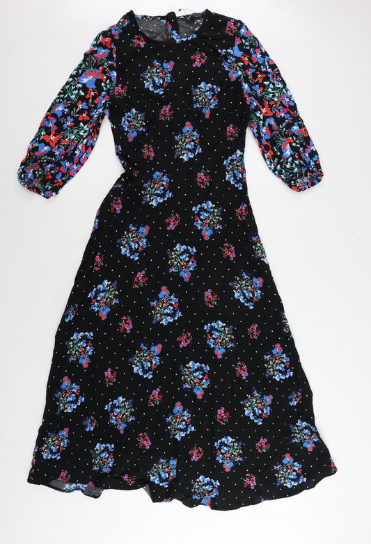 Marks and Spencer Womens Black Floral Viscose Maxi Size 8 Round Neck Zip
