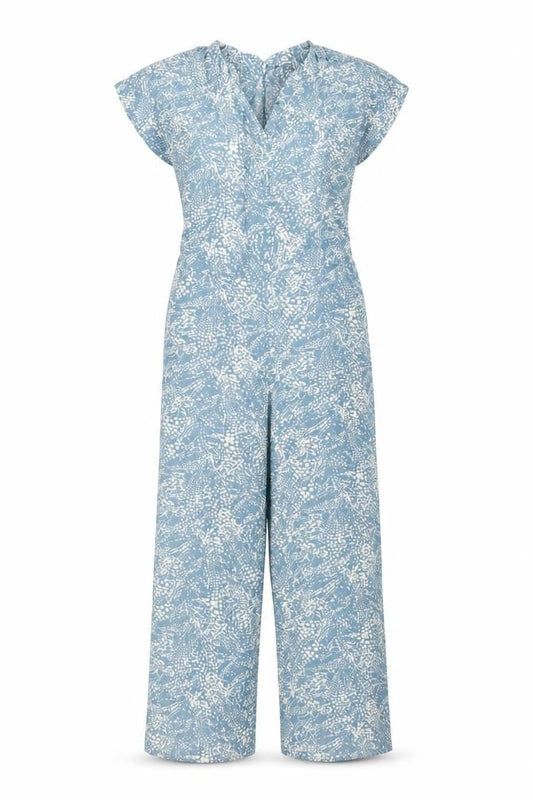 Front view of b.young women’s blue geometric viscose jumpsuit one-piece, size UK 8, 23-inch leg zip