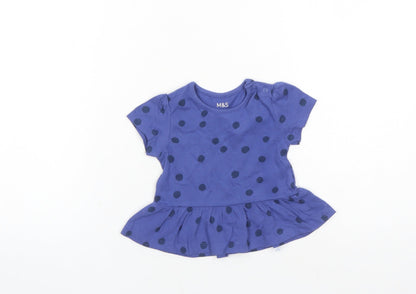 Marks and Spencer Girls Blue Polka Dot 100% Cotton Basic T-Shirt Size 3-6 Months Round Neck Snap
