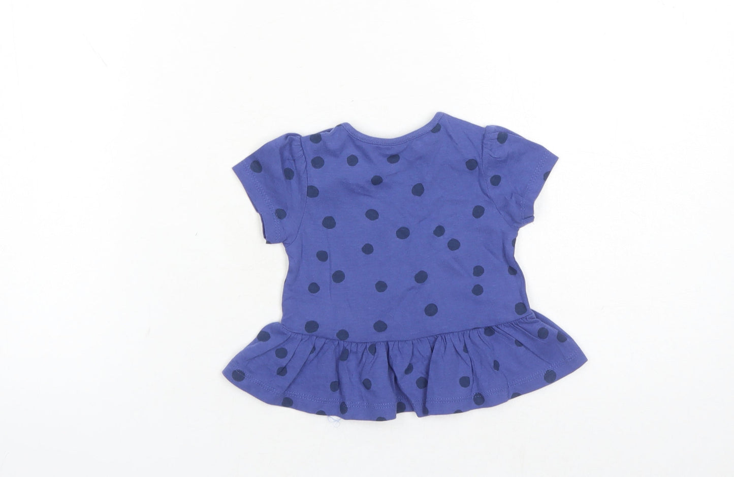 Marks and Spencer Girls Blue Polka Dot 100% Cotton Basic T-Shirt Size 3-6 Months Round Neck Snap