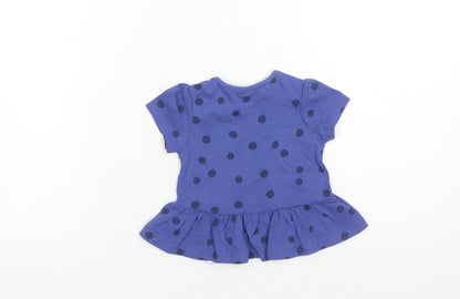 Marks and Spencer Girls Blue Polka Dot 100% Cotton Basic T-Shirt Size 3-6 Months Round Neck Snap