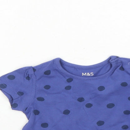 Marks and Spencer Girls Blue Polka Dot 100% Cotton Basic T-Shirt Size 3-6 Months Round Neck Snap