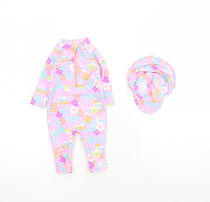 Marks and Spencer Girls Purple Floral Polyester Bodysuit Outfit/Set Size 0-3 Months Zip - Swim Suit Hat Included