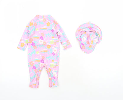 Marks and Spencer Girls Purple Floral Polyester Bodysuit Outfit/Set Size 0-3 Months Zip - Swim Suit Hat Included