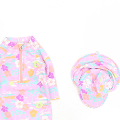 Marks and Spencer Girls Purple Floral Polyester Bodysuit Outfit/Set Size 0-3 Months Zip - Swim Suit Hat Included