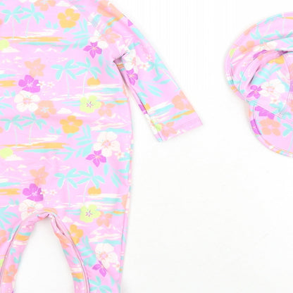 Marks and Spencer Girls Purple Floral Polyester Bodysuit Outfit/Set Size 0-3 Months Zip - Swim Suit Hat Included