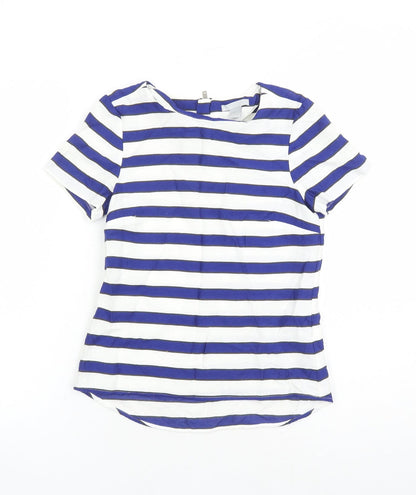 H&M Womens White Striped Viscose Basic Blouse Size 4 Round Neck