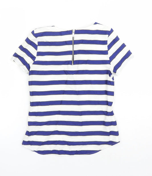H&M Womens White Striped Viscose Basic Blouse Size 4 Round Neck